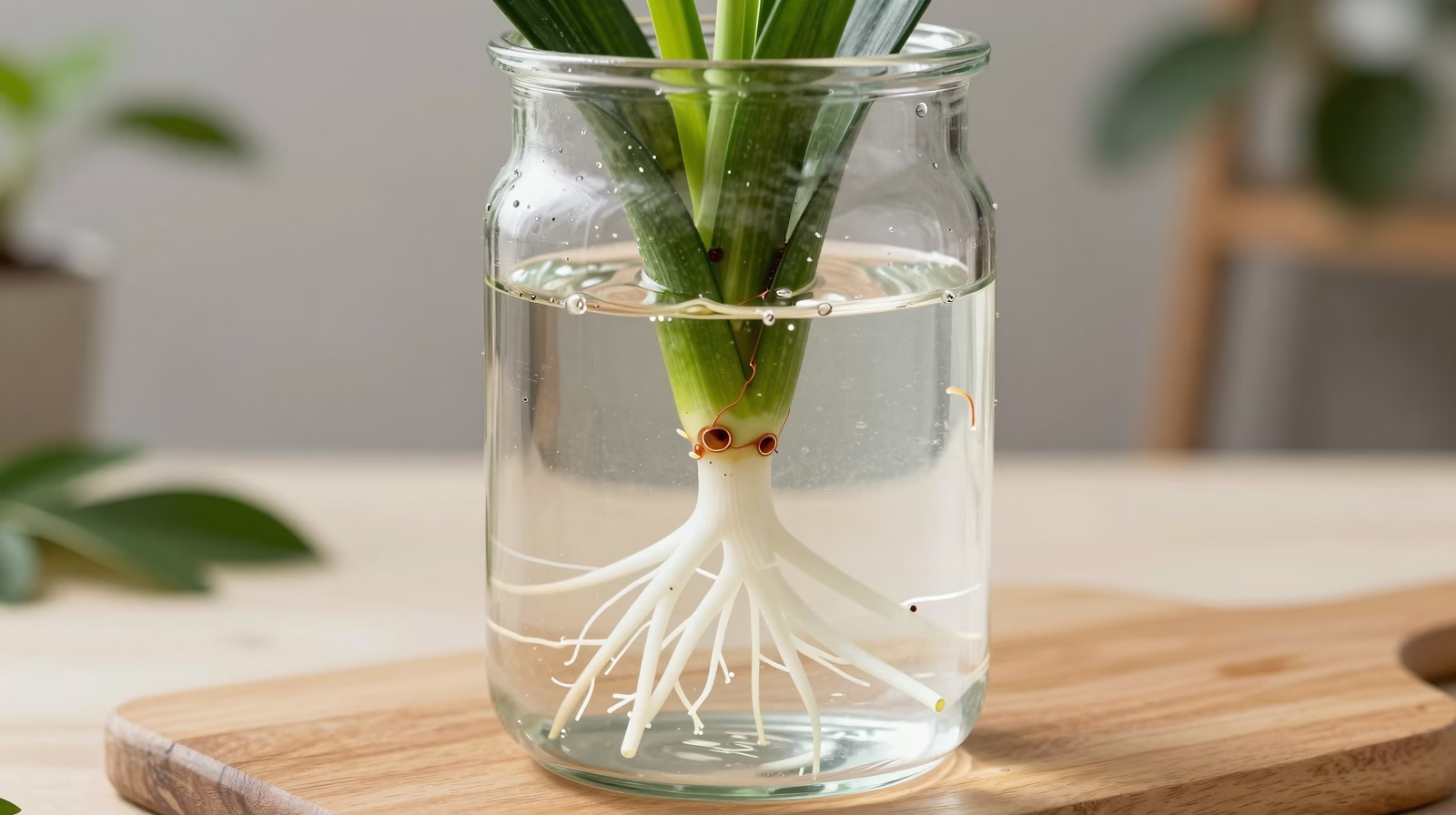 Bouture de Zamioculcas en eau montrant le développement des racines